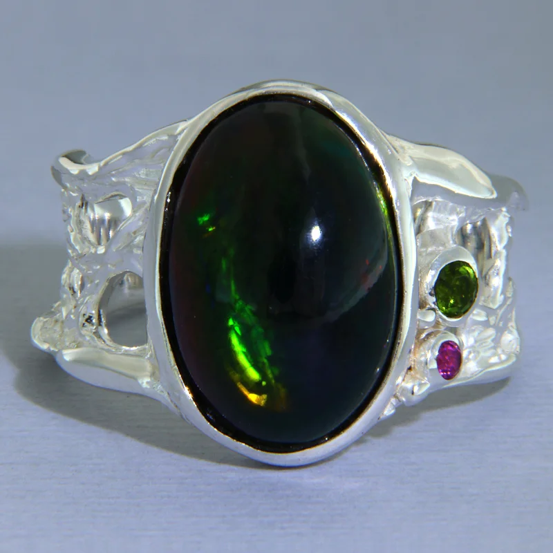 Inel Argint 925 Opal Negru Crom Diopsid Rodolit Naturale - Contrast si Modernitate