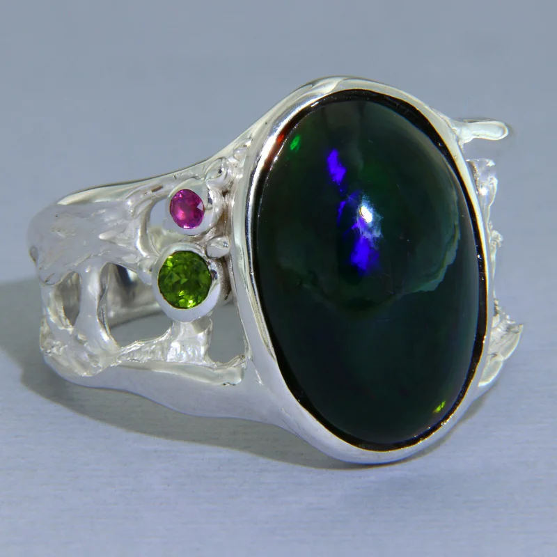 Inel Argint 925 Opal Negru Crom Diopsid Rodolit Naturale - Contrast si Modernitate