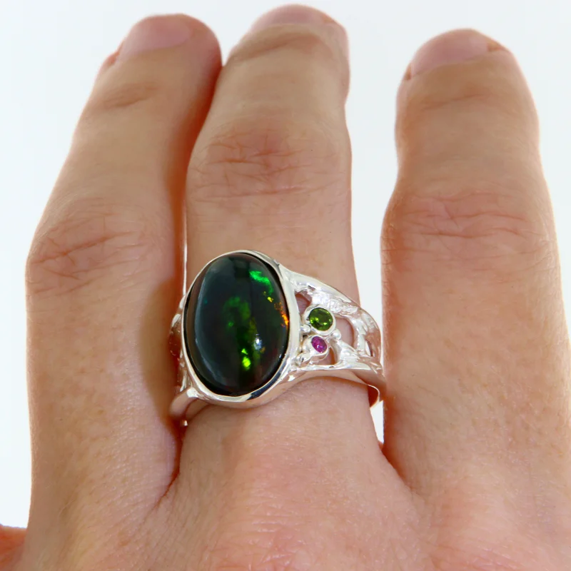 Inel Argint 925 Opal Negru Crom Diopsid Rodolit Naturale - Contrast si Modernitate