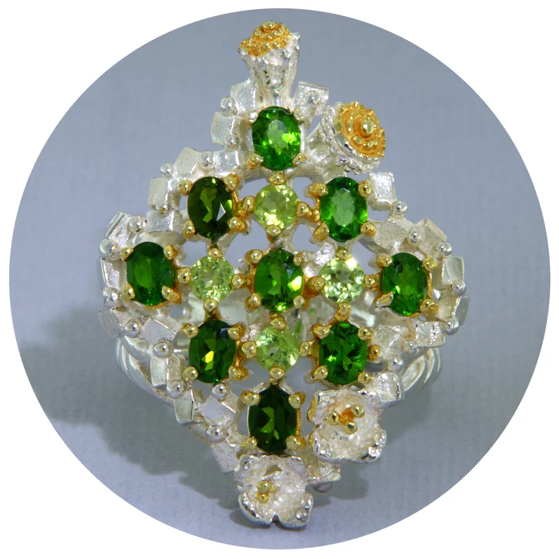 Inel Statement Argint 925 Accente Aurite Crom Diopsid Peridot Naturale