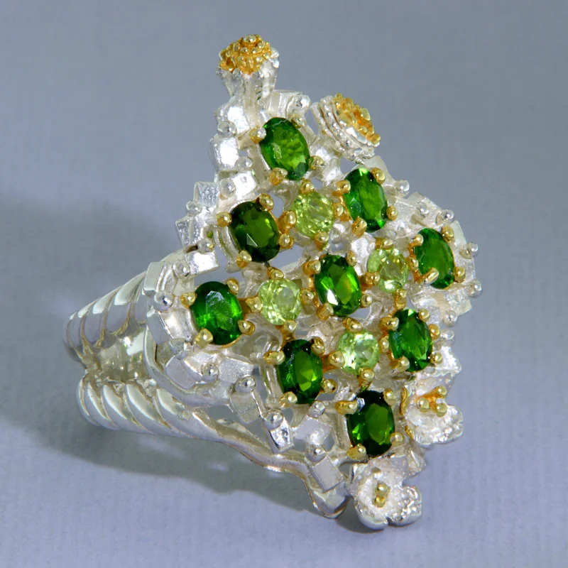 Inel Statement Argint 925 Accente Aurite Crom Diopsid Peridot Naturale