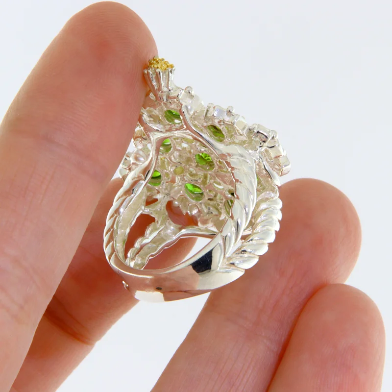 Inel Statement Argint 925 Accente Aurite Crom Diopsid Peridot Naturale
