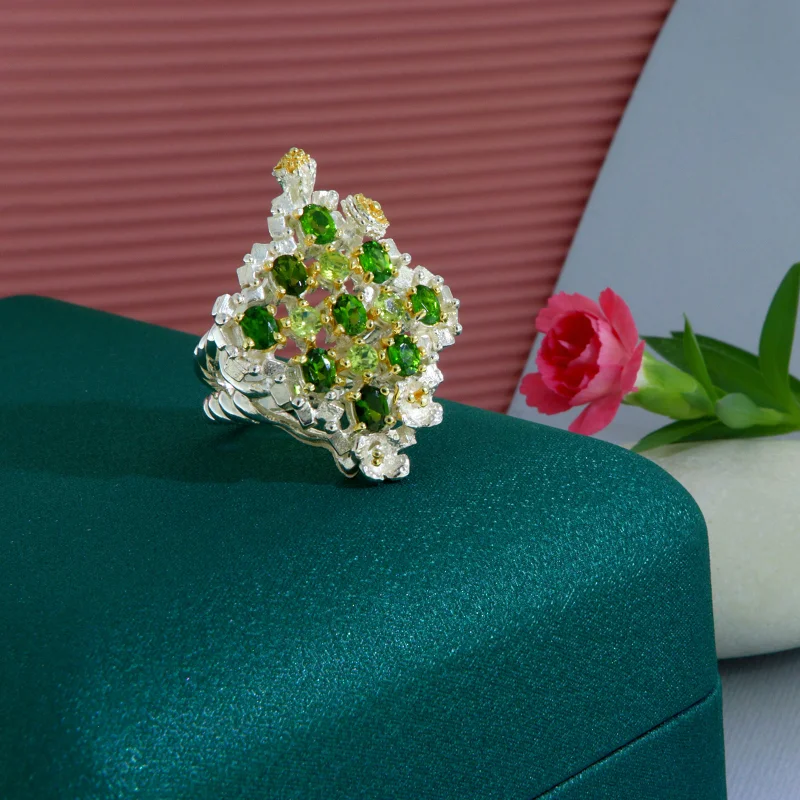 Inel Statement Argint 925 Accente Aurite Crom Diopsid Peridot Naturale