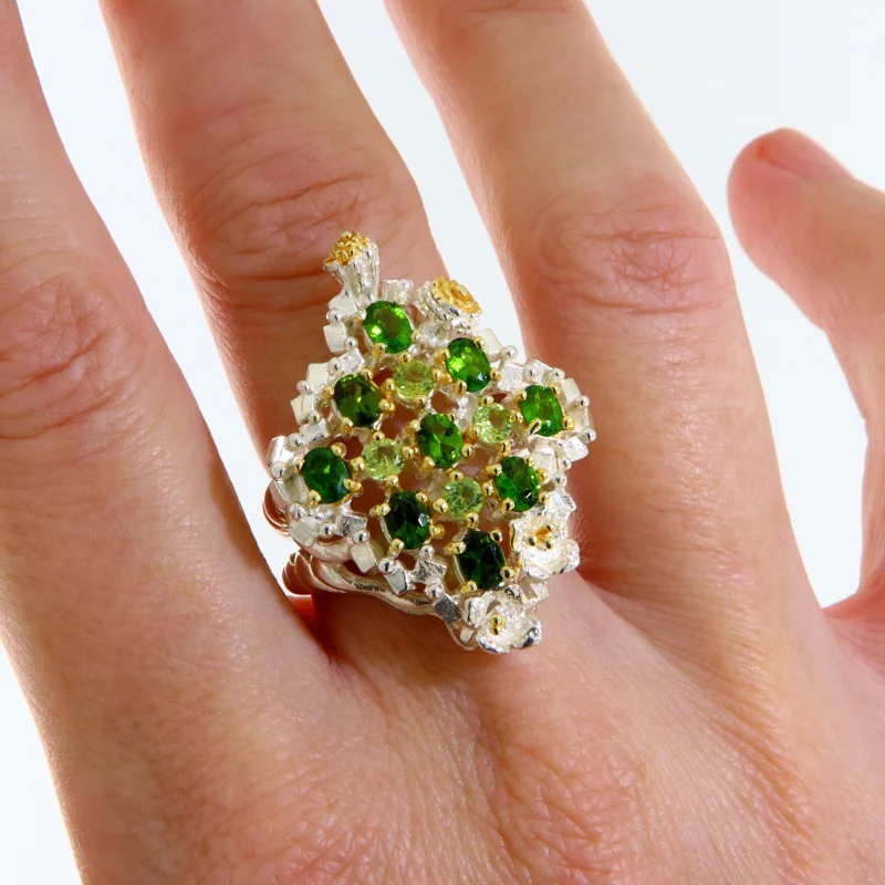 Inel Statement Argint 925 Accente Aurite Crom Diopsid Peridot Naturale