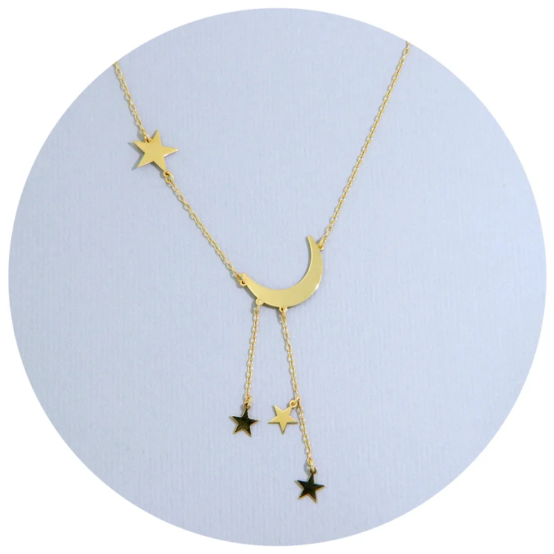  Colier Aur Galben 14k Luna si Stele - Joc Vizual si Eleganta