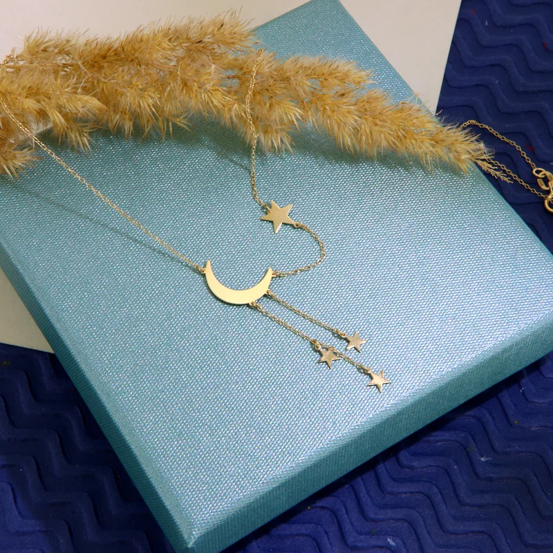  Colier Aur Galben 14k Luna si Stele - Joc Vizual si Eleganta