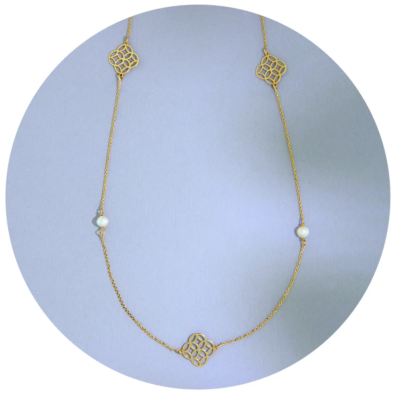 Colier Aur Galben 14k cu Elemente Geometrice si Perle Naturale - Finete Atemporala