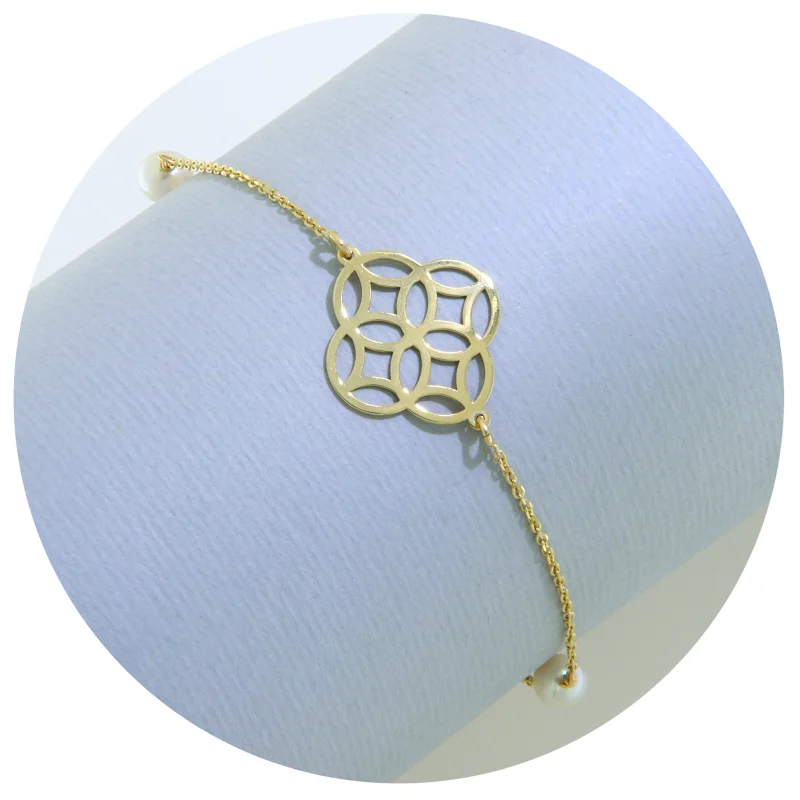  Bratara Aur Galben 14 k cu Elemente Geometrice si Perle de cultura Naturale