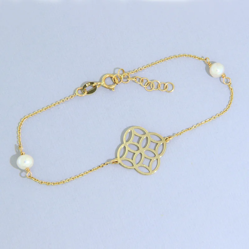  Bratara Aur Galben 14 k cu Elemente Geometrice si Perle de cultura Naturale