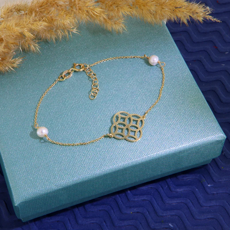  Bratara Aur Galben 14 k cu Elemente Geometrice si Perle de cultura Naturale