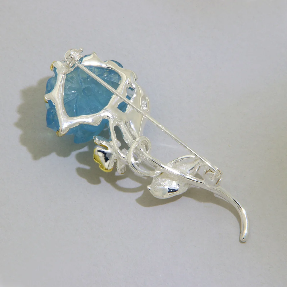 Brosa Argint 925 Accente Aurite Acvamarin Natural Trandafir Delicat