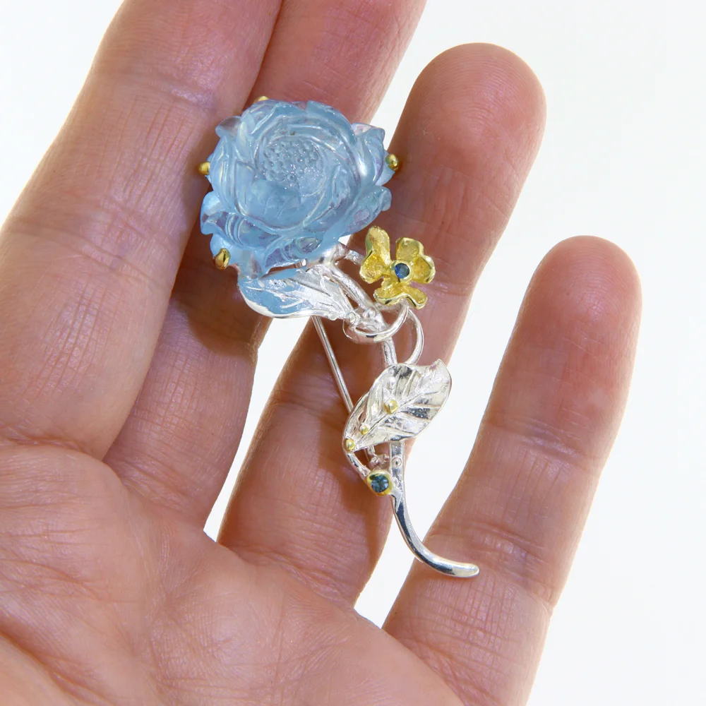 Brosa Argint 925 Accente Aurite Acvamarin Natural Trandafir Delicat