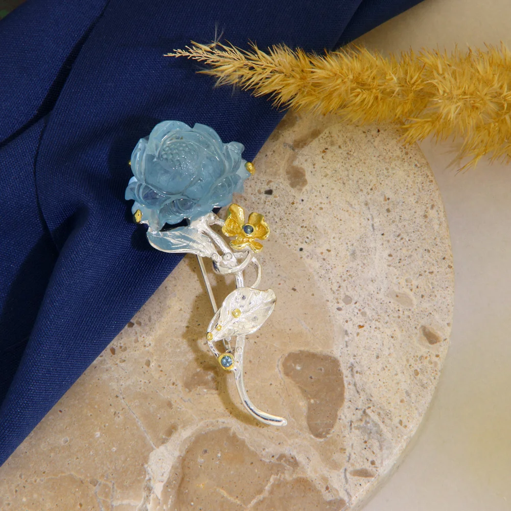 Brosa Argint 925 Accente Aurite Acvamarin Natural Trandafir Delicat