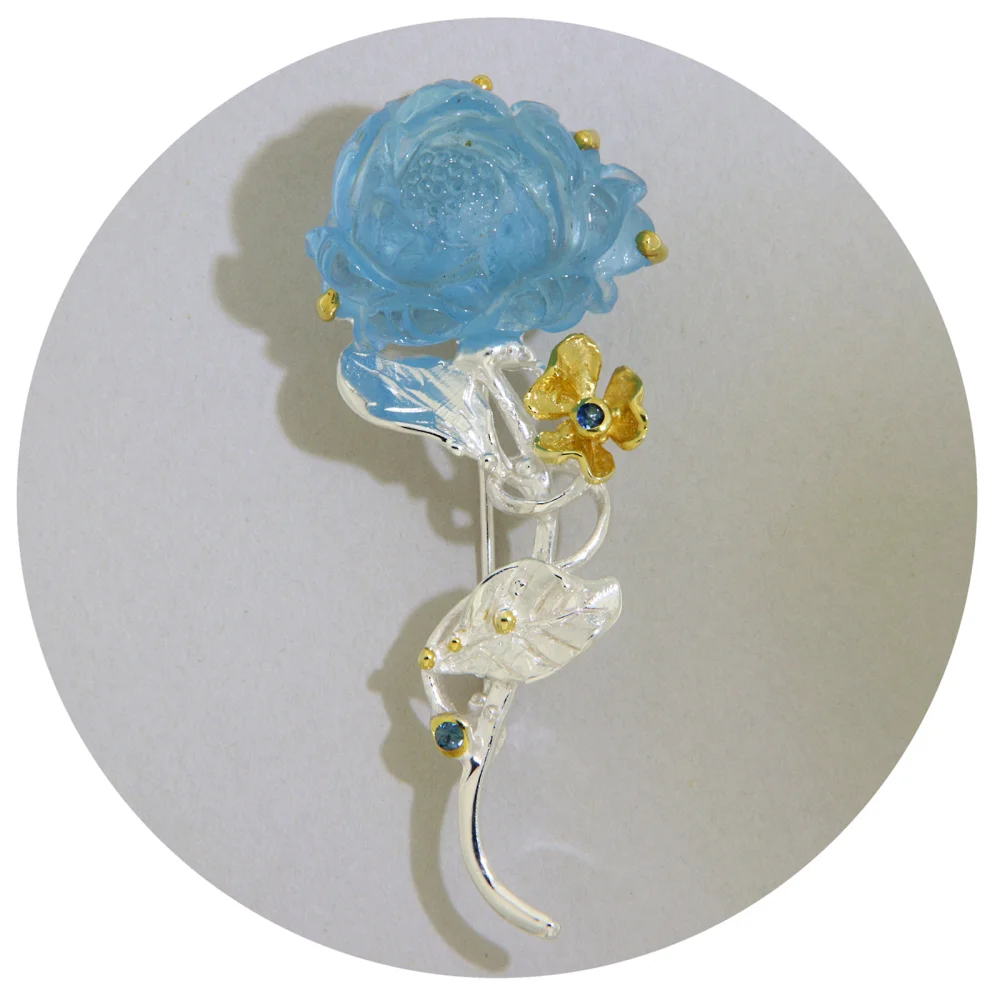 Brosa Argint 925 Accente Aurite Acvamarin Natural Trandafir Delicat