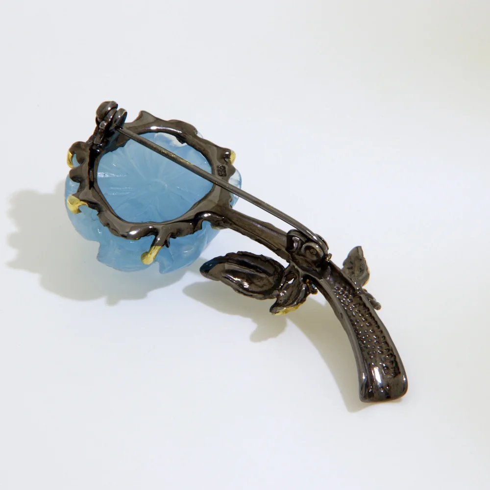 Brosa Argint 925 Rodiu Accente Aurite Acvamarin Gravat manual Topaz Naturale Trandafir