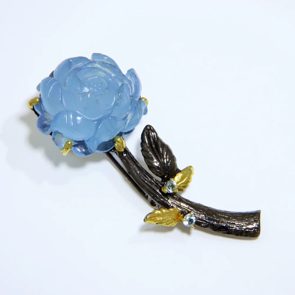 Brosa Argint 925 Rodiu Accente Aurite Acvamarin Gravat manual Topaz Naturale Trandafir