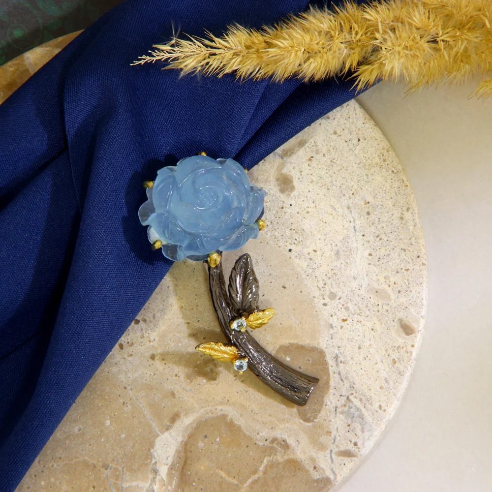 Brosa Argint 925 Rodiu Accente Aurite Acvamarin Gravat manual Topaz Naturale Trandafir