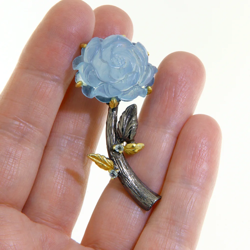 Brosa Argint 925 Rodiu Accente Aurite Acvamarin Gravat manual Topaz Naturale Trandafir