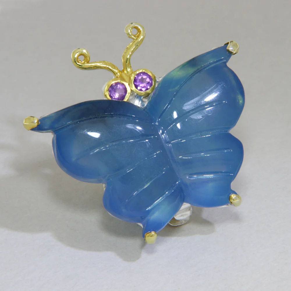 Brosa Pandantiv Argint 925 Accente Aurite Acvamarin Ametist Naturale Fluture Butterfly