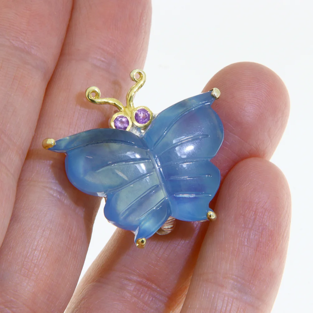Brosa Pandantiv Argint 925 Accente Aurite Acvamarin Ametist Naturale Fluture Butterfly