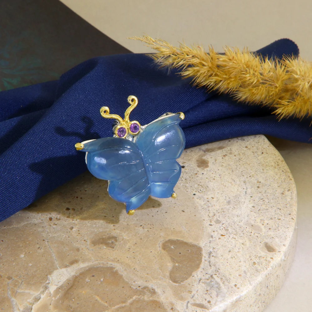 Brosa Pandantiv Argint 925 Accente Aurite Acvamarin Ametist Naturale Fluture Butterfly
