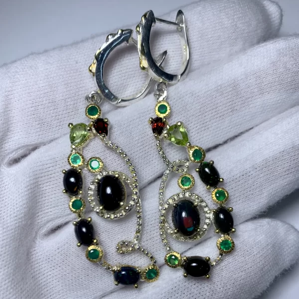 Cercei Argint 925 accente aurite Opal Onix verde Peridot Granat - Detalii Dantelate Fine
