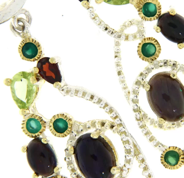 Cercei Argint 925 accente aurite Opal Onix verde Peridot Granat - Detalii Dantelate Fine