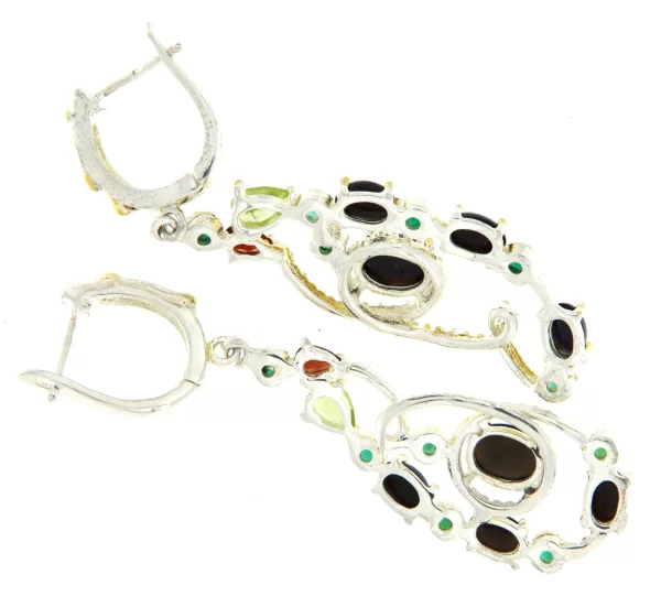 Cercei Argint 925 accente aurite Opal Onix verde Peridot Granat - Detalii Dantelate Fine
