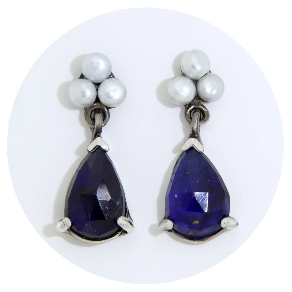 Cercei Argint 925 Rodiu Negru Safir Perle Naturale