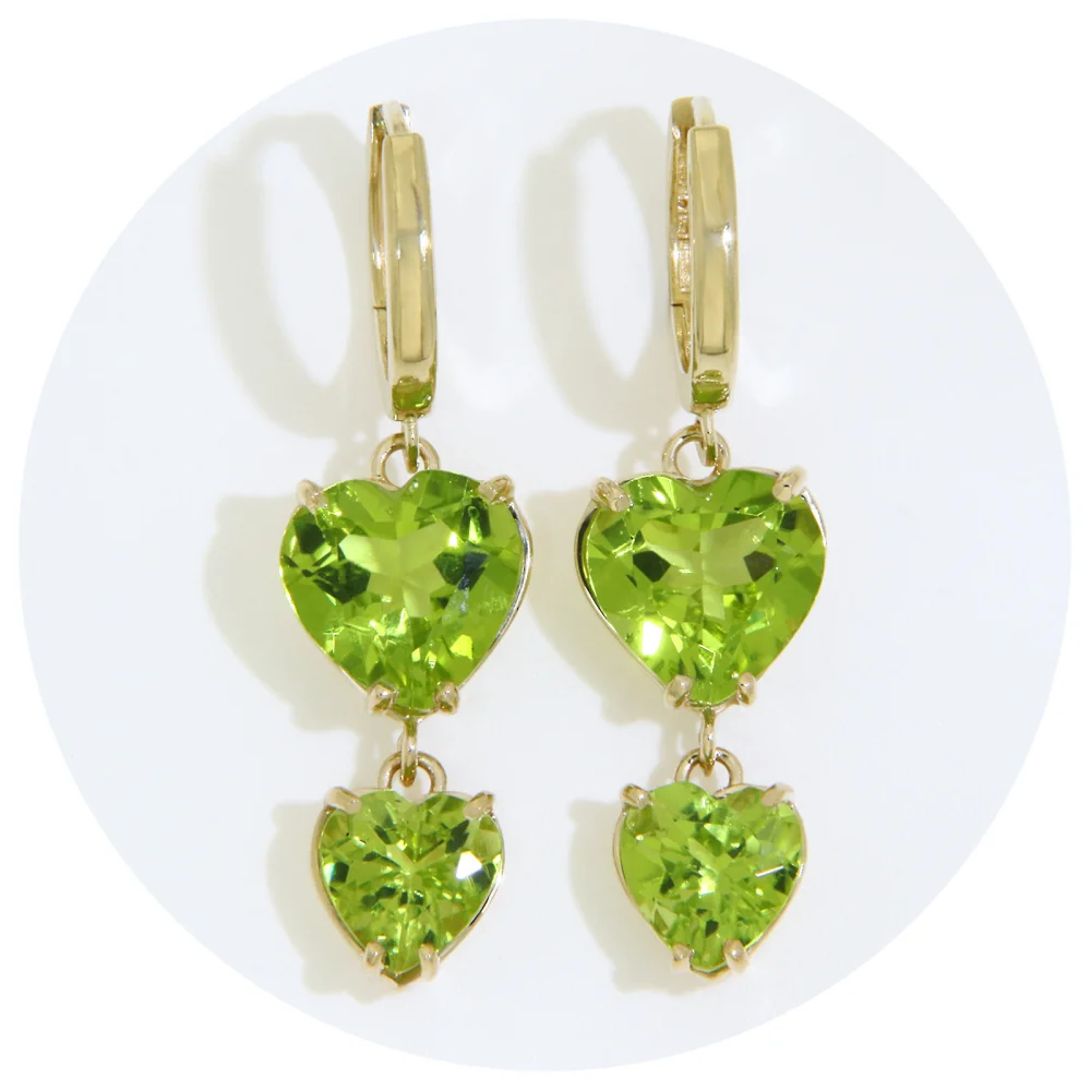 Cercei cu Inchidere tip Click Aur Galben 14 k Peridot Natural Inimi - Design Delicat