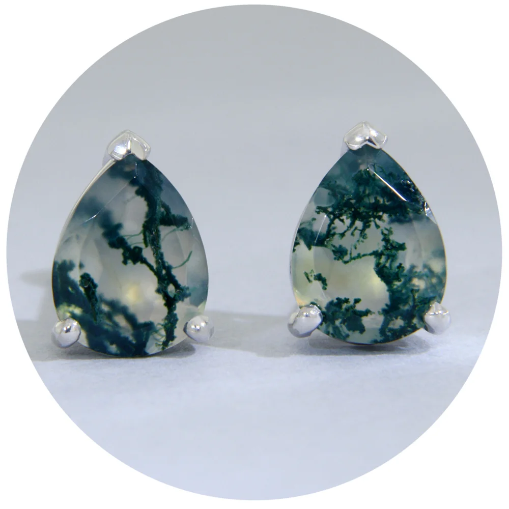   Cercei Stud din Aur 14K Alb Galben sau Roz cu Agat de Muschi Natural | Aspect Unic si Expresiv