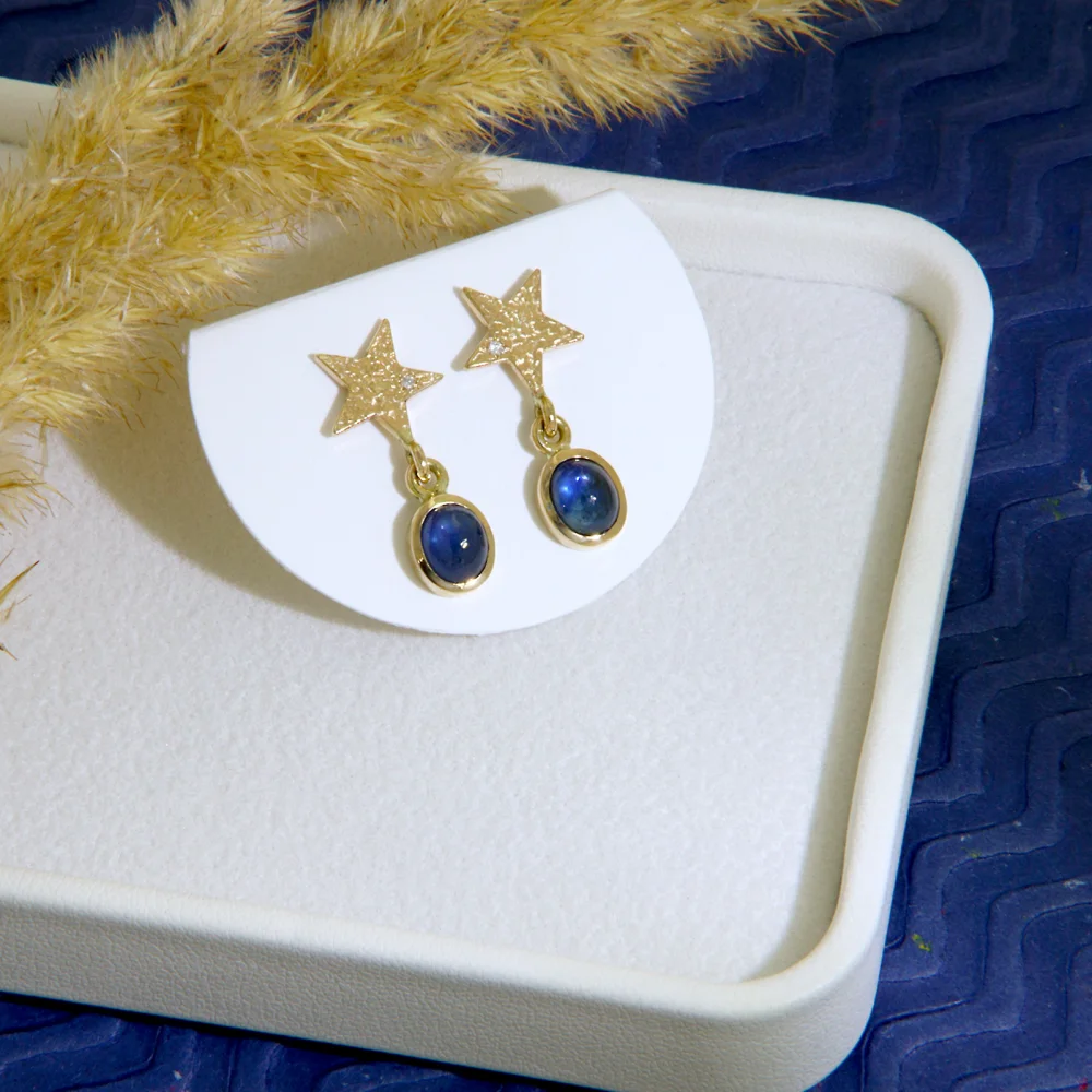  Cercei Stud Safire Netratate de Ceylon Diamante Naturale - Lumina si Echilibru