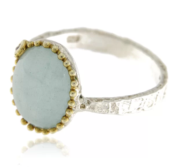 Inel Argint 925, accente aurite, Acvamarin Natural Oval - Oaza de Lumina