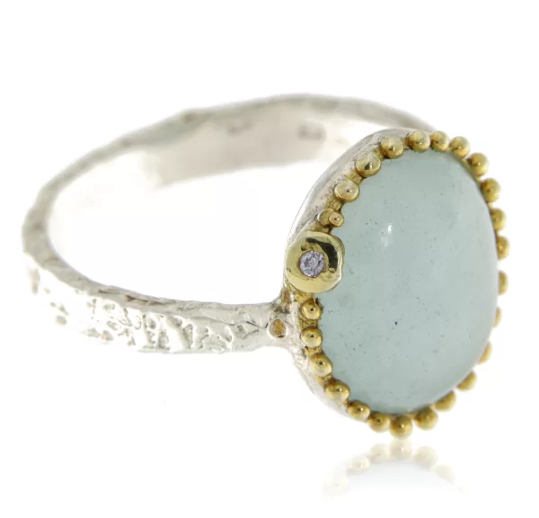Inel Argint 925, accente aurite, Acvamarin Natural Oval - Oaza de Lumina