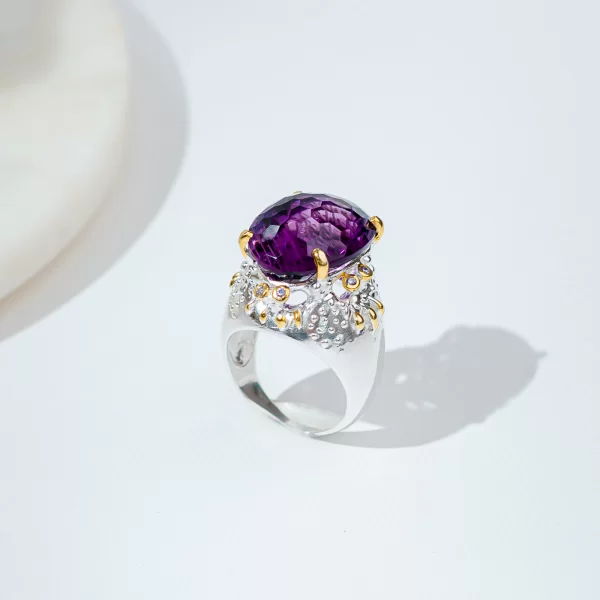 Inel Argint 925 accente aurite Ametist VVS Natural - Eleganta Desavarsita