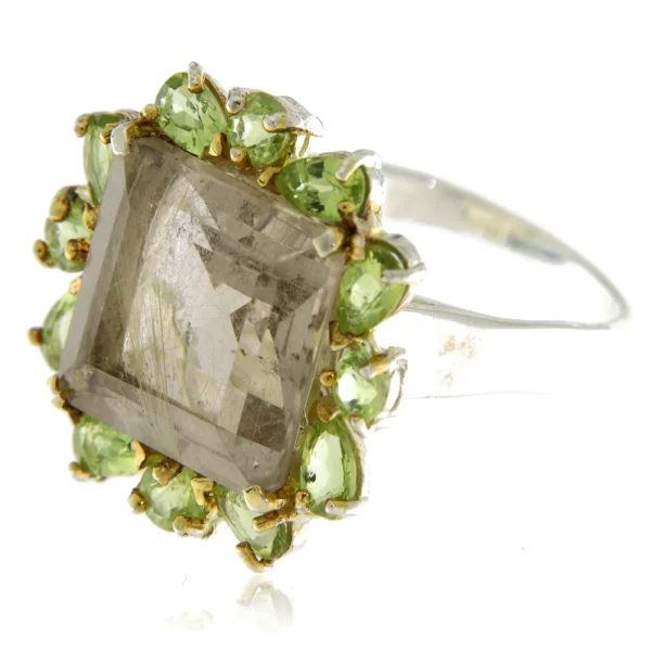 Inel Argint 925, accente aurite Cuart rutilat Peridot Naturale -  Stralucire Rafinata
