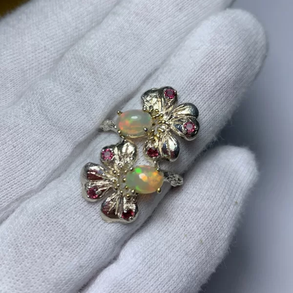 Inel Argint 925, accente aurite, Opal Granat Naturale - Stralucire Pretioasa