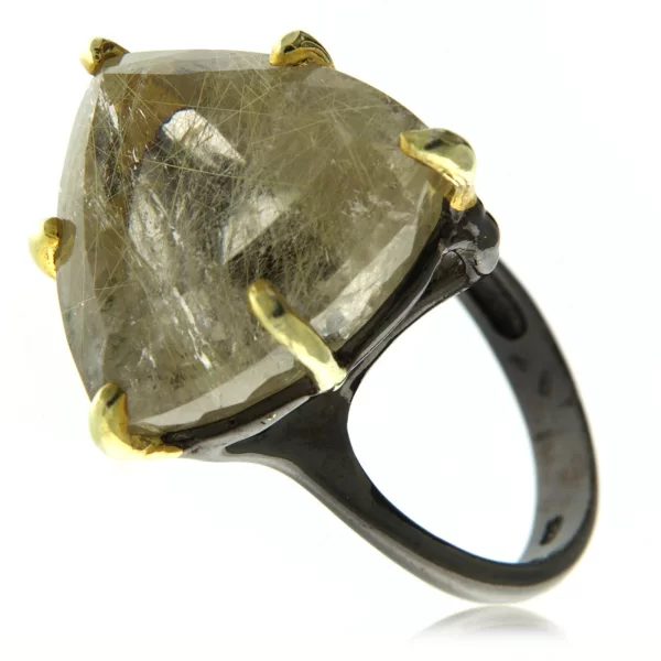 Inel Argint 925 Rodiu negru accente aurite Cuart cu Rutil auriu - Modern si Impunator