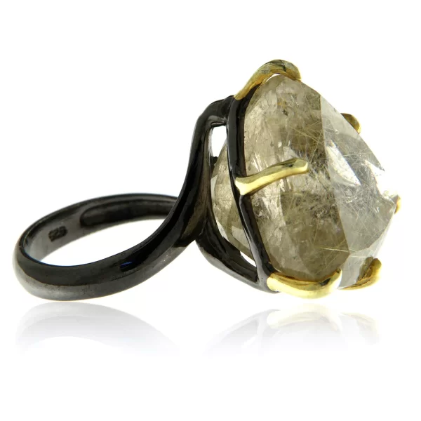 Inel Argint 925 Rodiu negru accente aurite Cuart cu Rutil auriu - Modern si Impunator