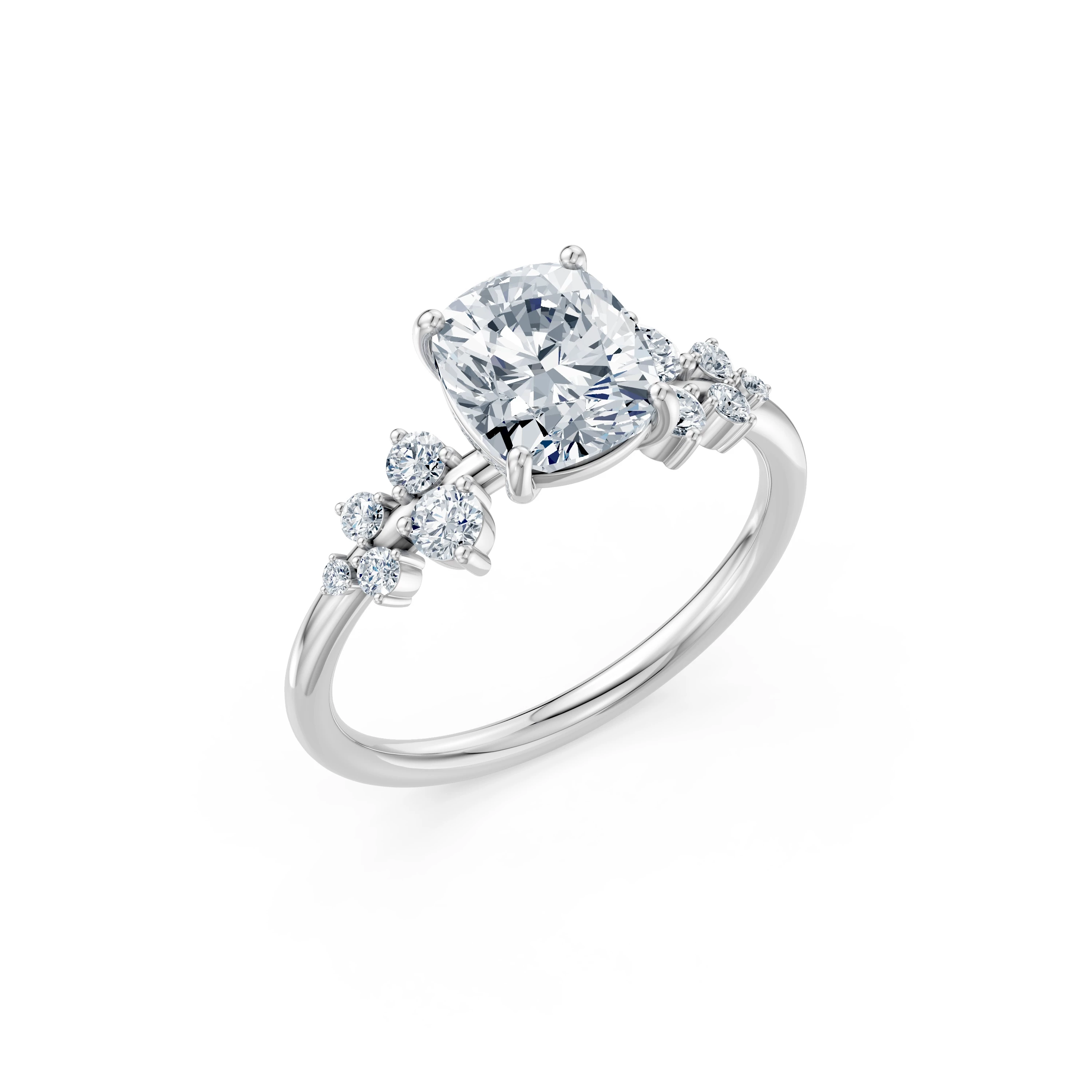 Inel de logodnă din aur cu diamant de laborator cushion de 2 ct D/VVS2 și diamante laterale – Bellagio