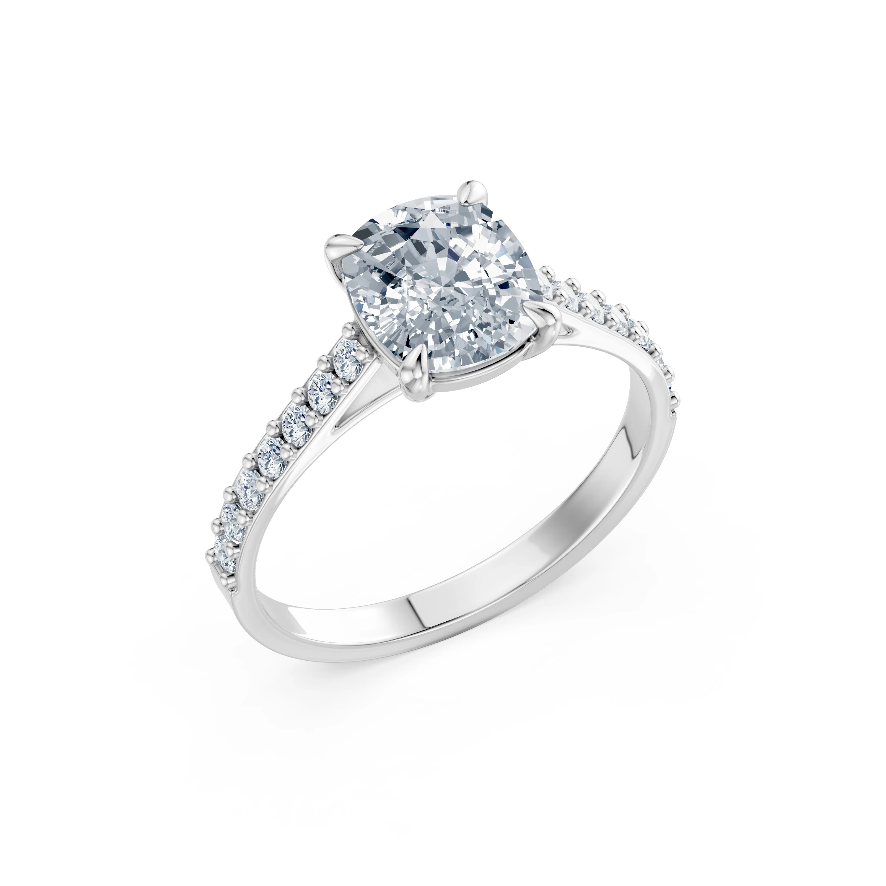 Inel de logodnă din aur cu diamant de laborator cushion de 2 ct D/VVS2 și diamante laterale – Mantova