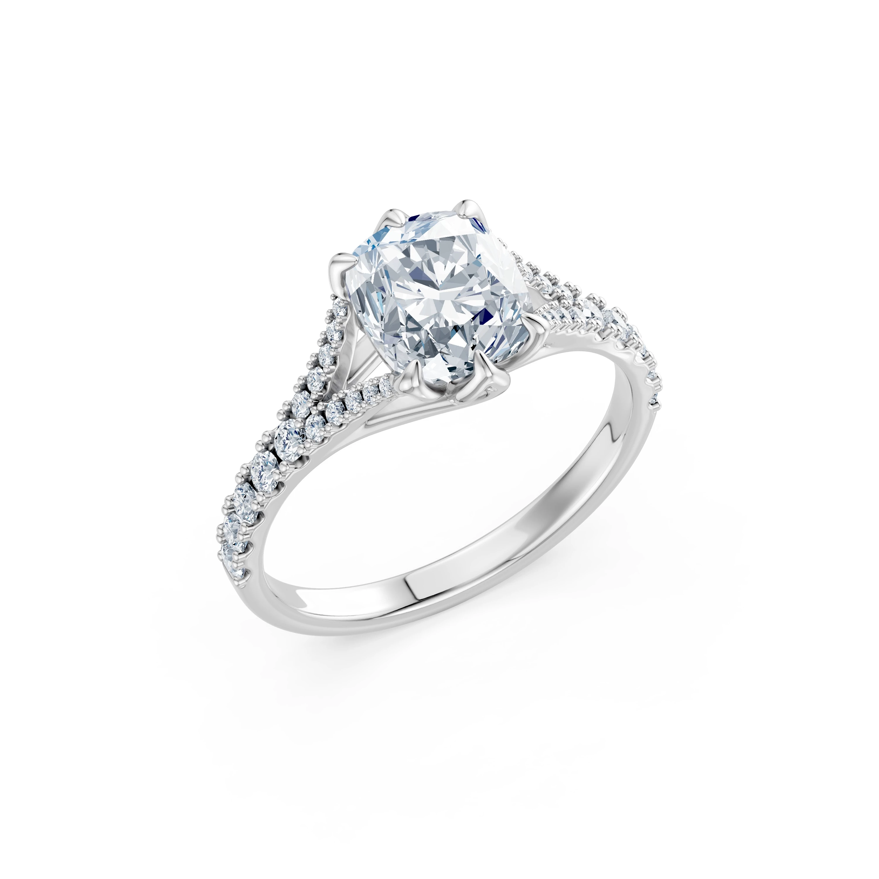 Inel de logodnă din aur cu diamant de laborator cushion de 2 ct D/VVS2 și diamante laterale – Menton