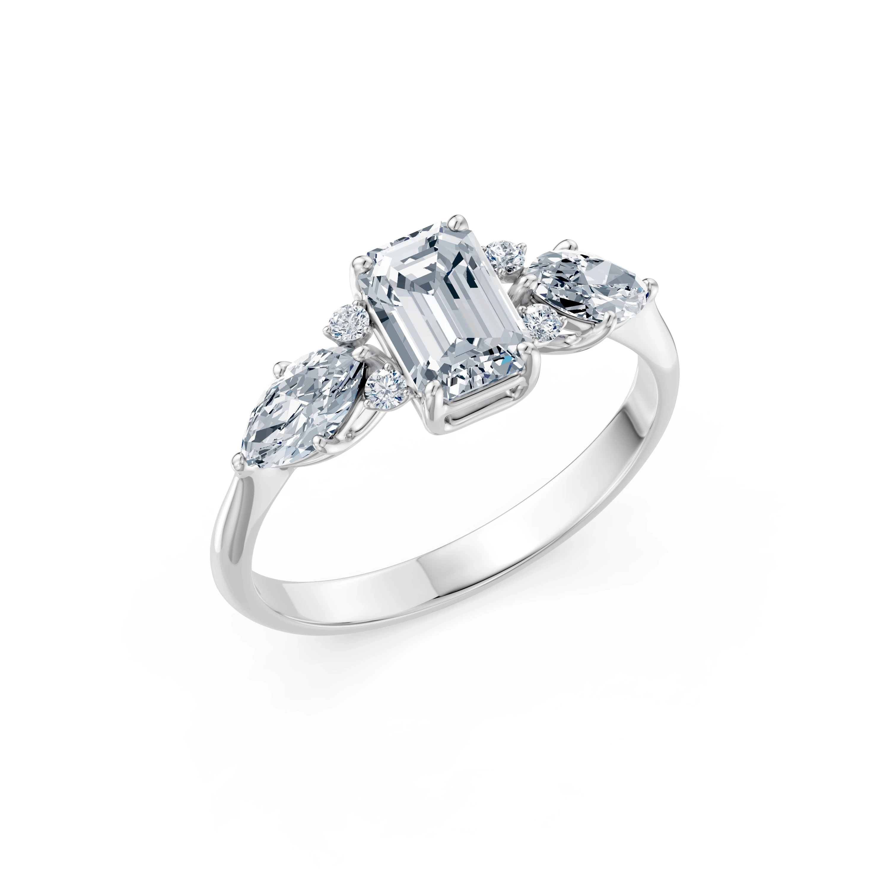 Inel de logodnă din aur cu diamant de laborator smarald de 1 ct D/VVS2 și diamante laterale – Delft