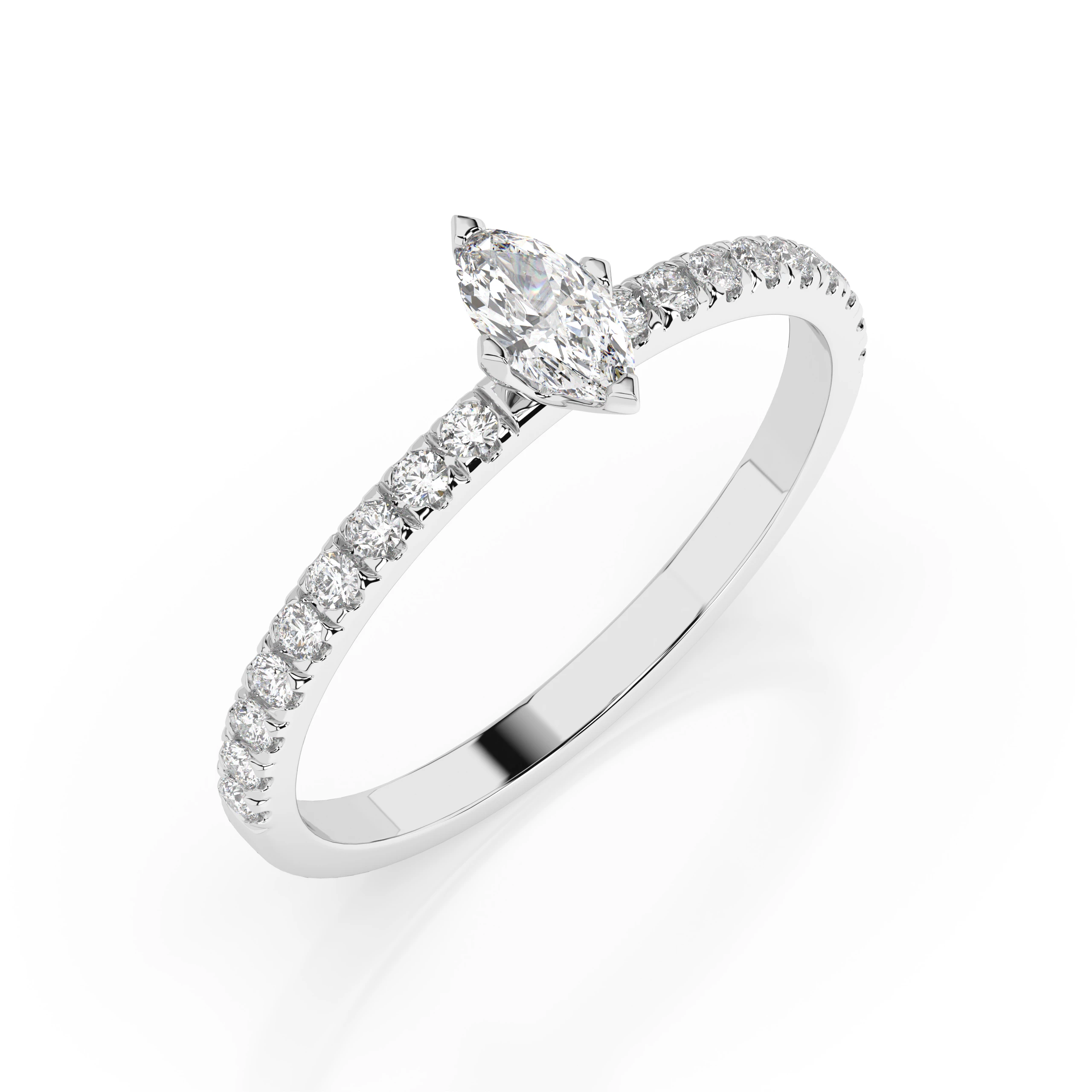 Inel de logodnă solitaire cu diamante laterale din aur 14k cu diamante naturale, diamant central marchiză de 0.15 ct, G/SI – Maristella Luminoasă