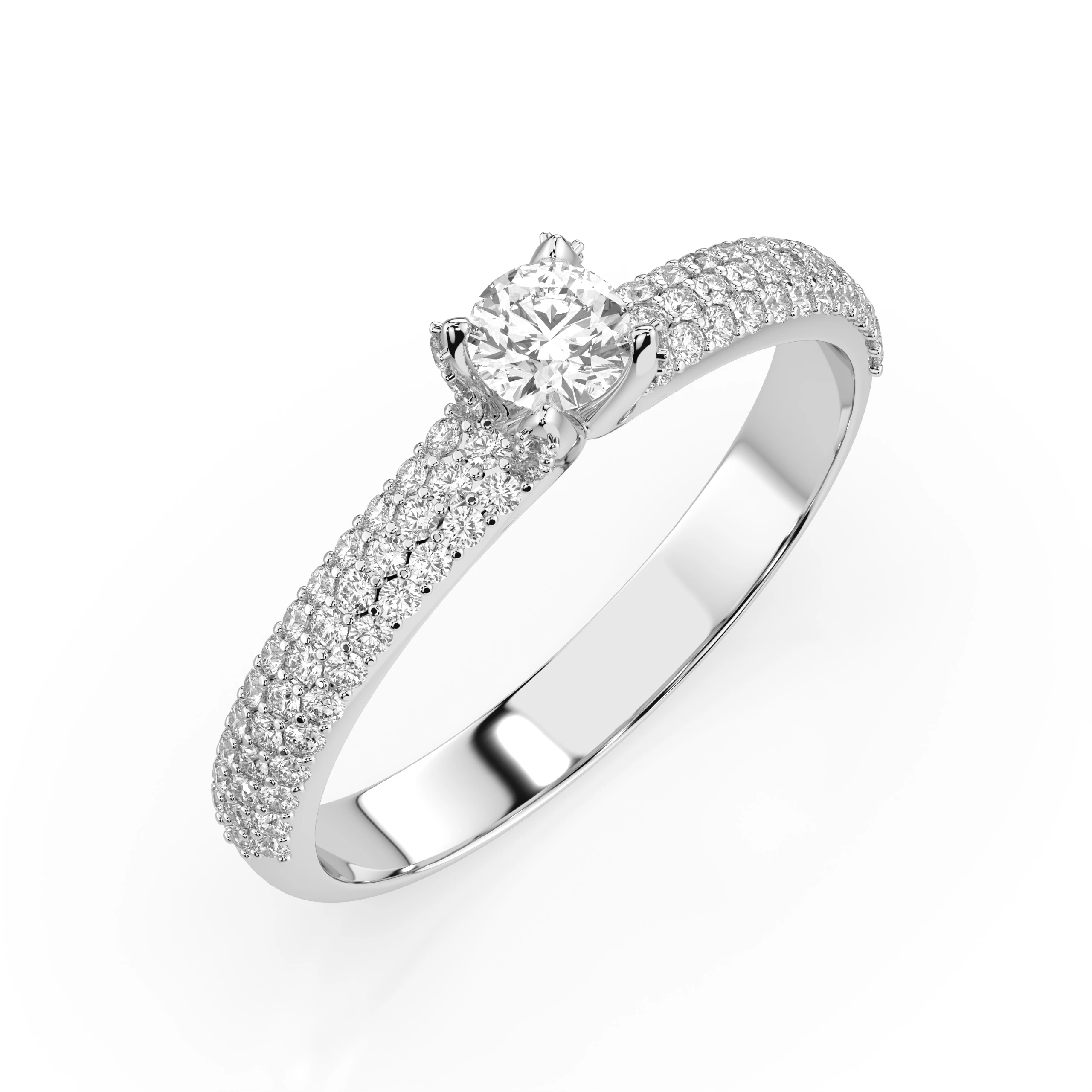 Inel de logodnă solitaire cu diamante laterale din aur 14k cu diamante naturale, diamant central rotund de 0.17 ct, G/SI – Arabella Romantică