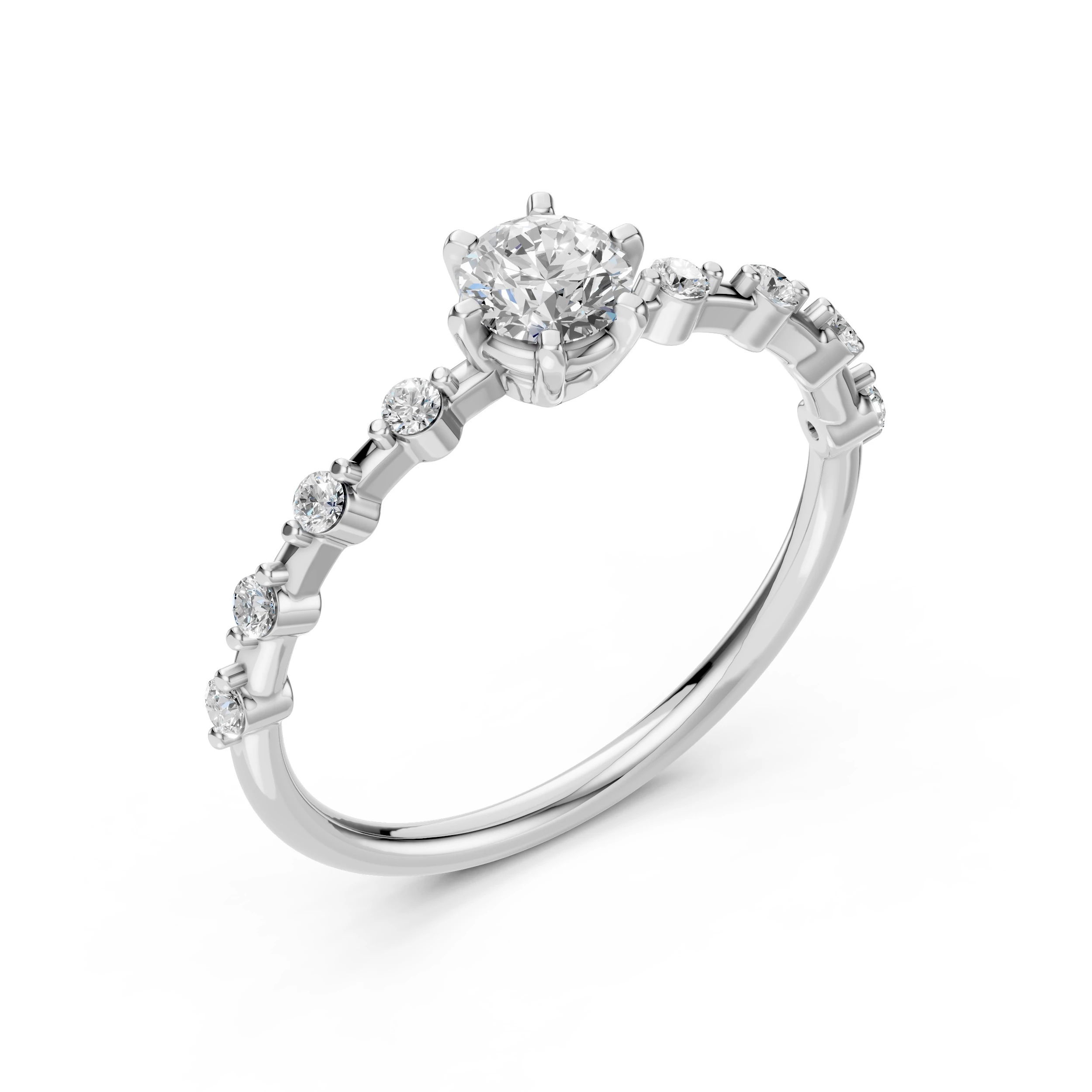 Inel de logodnă solitaire cu diamante laterale din aur 14k cu diamante naturale, diamant central rotund de 0.4 ct, G/SI – Evelina Romantică