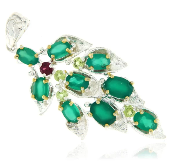 Pandant Argint 925 accente aurite Onix Verde Peridot Granat Rodolit Naturale - Compozitie Vegetala Vibranta