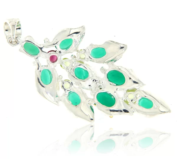 Pandant Argint 925 accente aurite Onix Verde Peridot Granat Rodolit Naturale - Compozitie Vegetala Vibranta