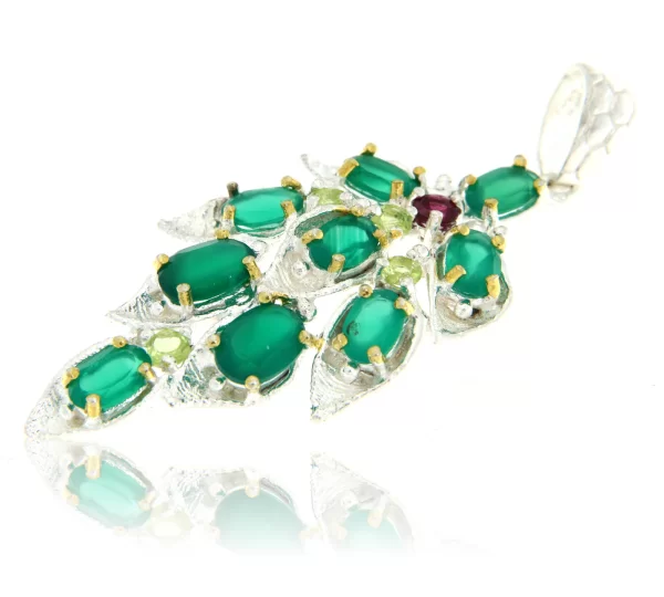 Pandant Argint 925 accente aurite Onix Verde Peridot Granat Rodolit Naturale - Compozitie Vegetala Vibranta