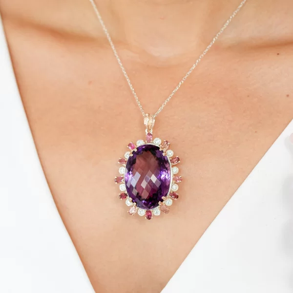 Pandant argint 925 Ametist Turmalina roz Cubic zirconia Naturale - Eleganta Captivanta